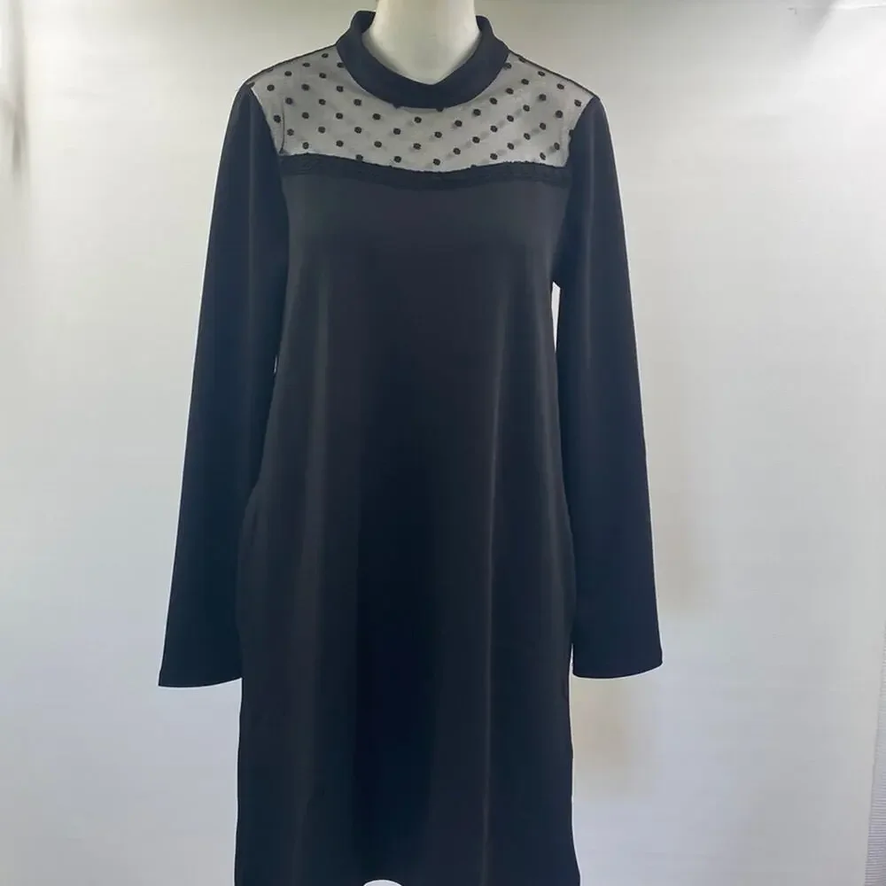 Suzanne Betro Dress Black Polkadot Sheer Neck Long Sleeve Dress Sz M NWT
